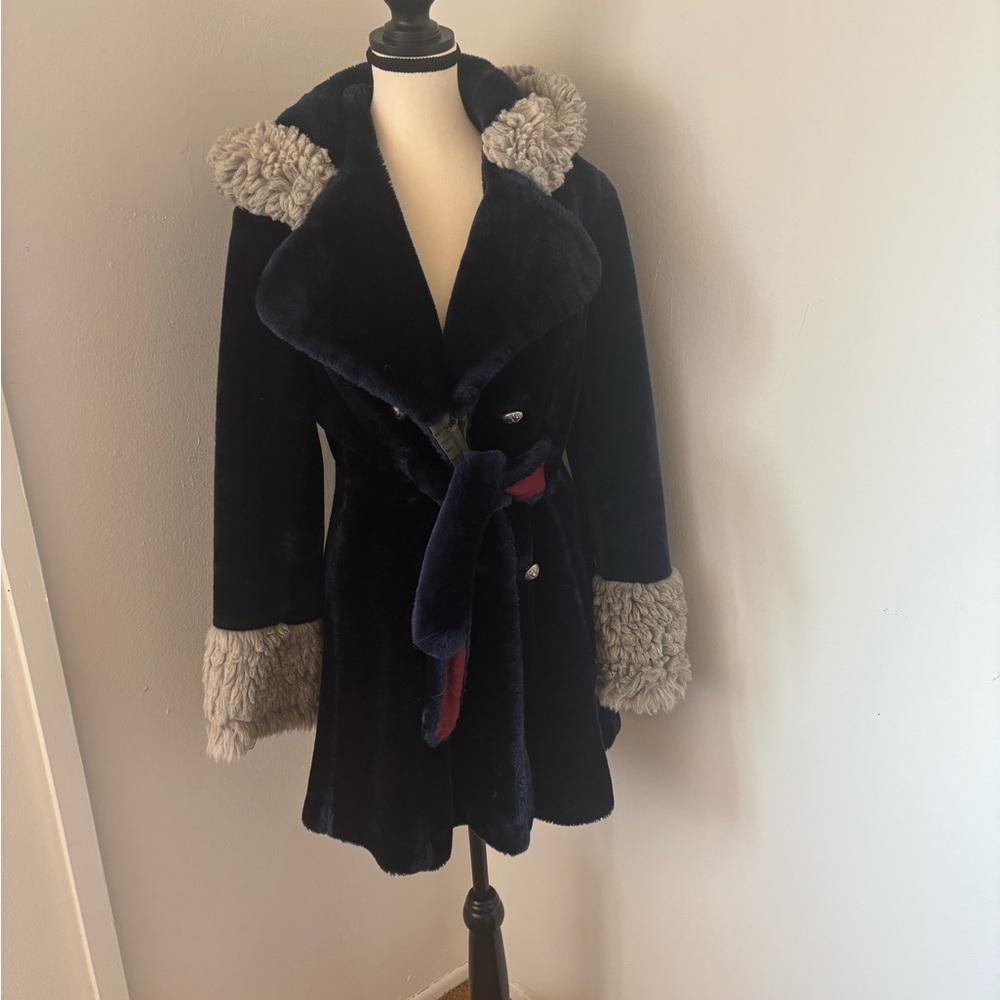 Blue Teddy Jacket with Plush Gray Faux Fur Trim